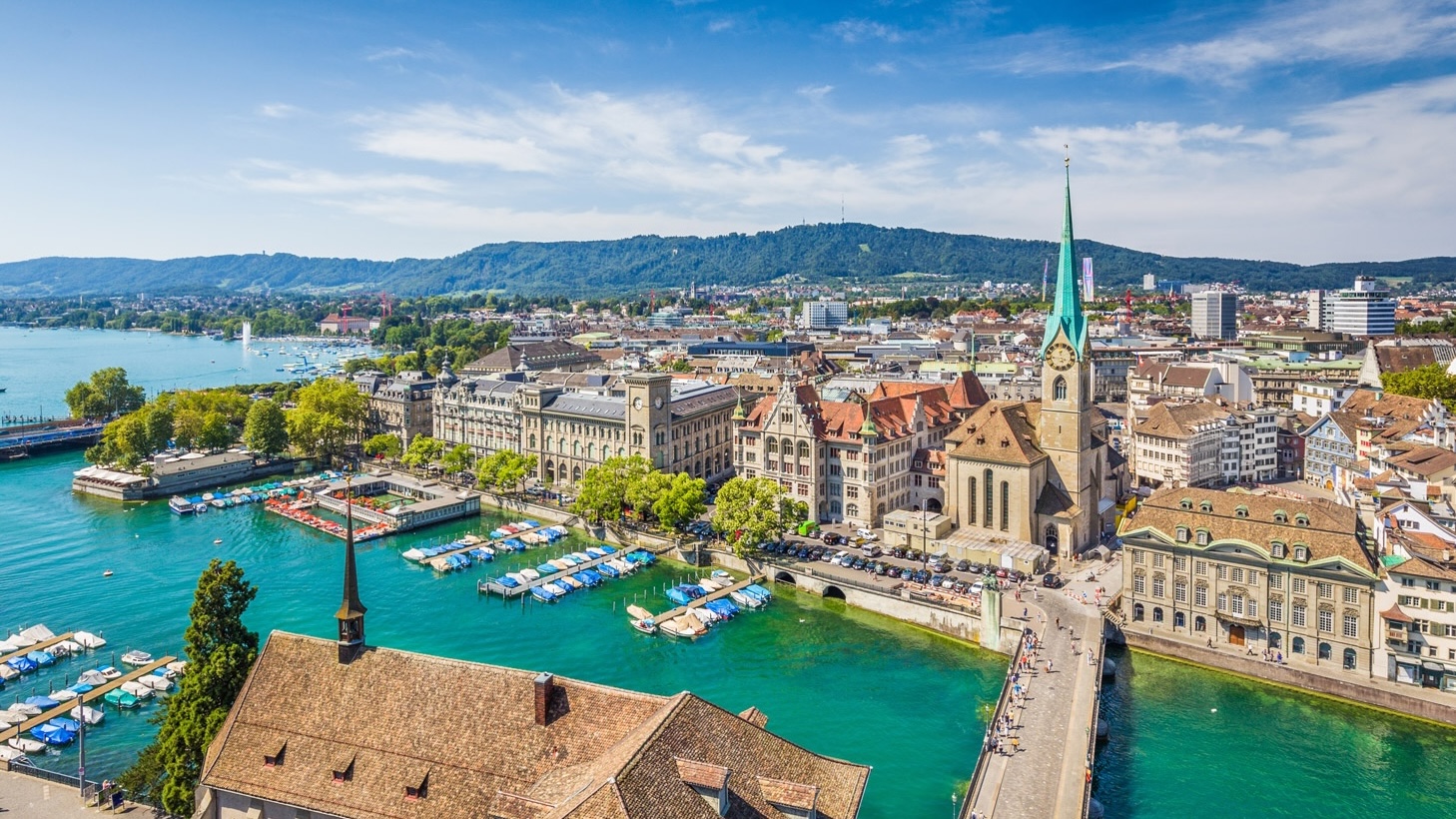 Aerial view of Zürich city center with river Limmat, Switzerland